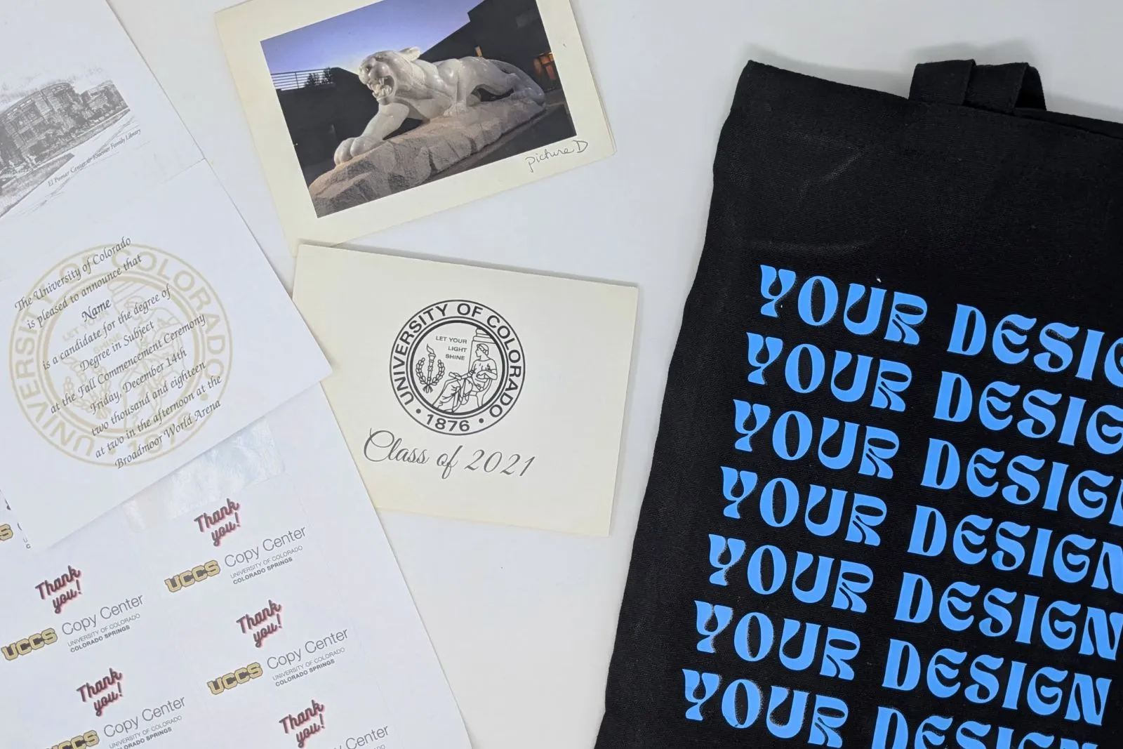 items from the print shop displayed on a table